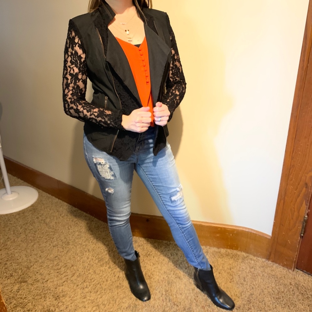 Black lace blazer with zipper detailing